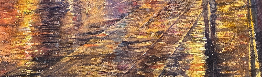 Watercolour of warm lights reflected on a wet street