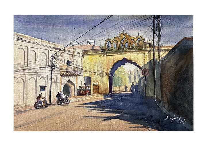 Bhopal — Through the Old Gate, watercolour by Suman Ghosh