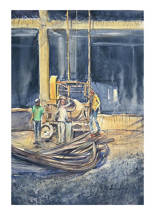 Building the City, watercolour by Suman Ghosh
