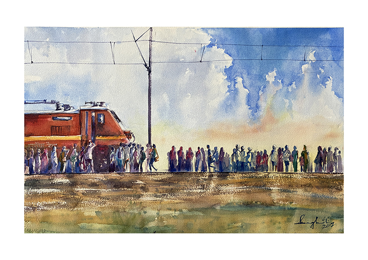 Faith in Motion — Ujjain Kumbh, watercolour by Suman Ghosh