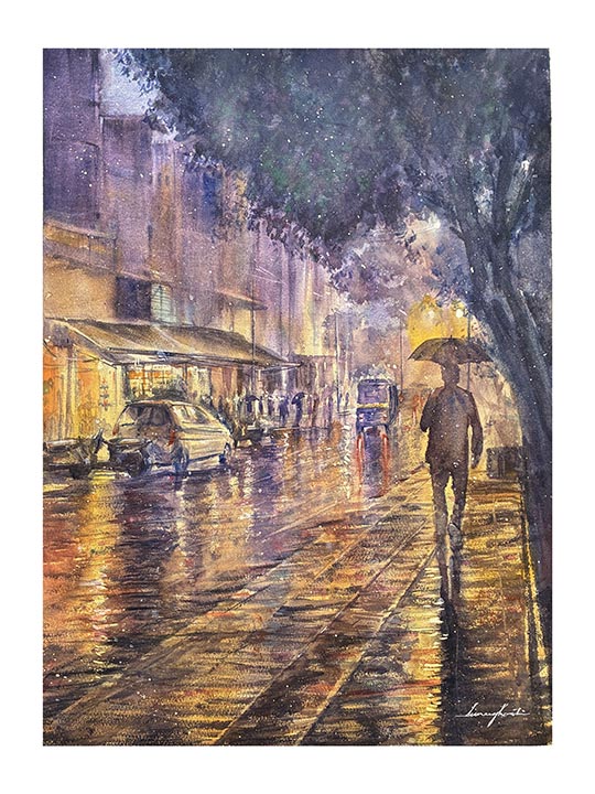 Monsoon I, watercolour by Suman Ghosh