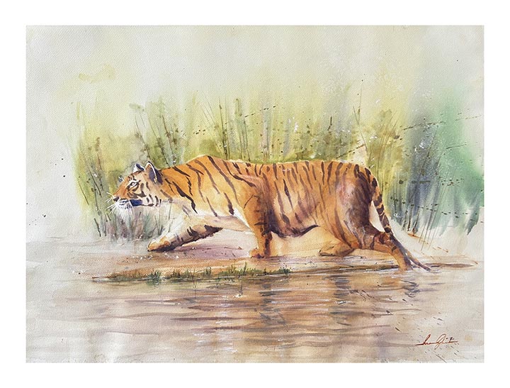 Striped Silence II — Crossing, watercolour by Suman Ghosh