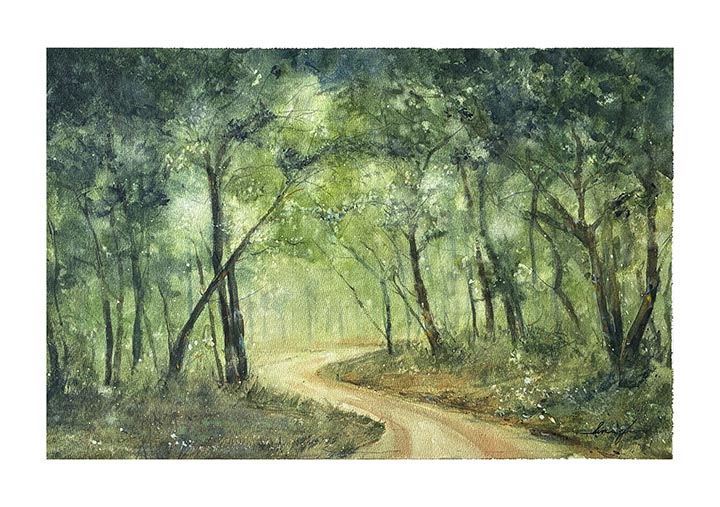 The Quiet Path, watercolour by Suman Ghosh